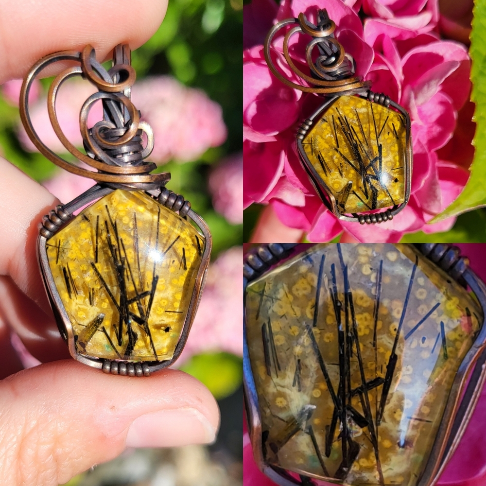 Ocean Jasper Tourmaline Black Rutilated Quartz Doublet Pendant